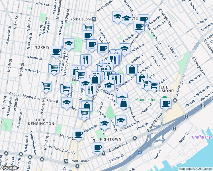 map of restaurants, bars, coffee shops, grocery stores, and more near 1859 Sepviva Street in Philadelphia