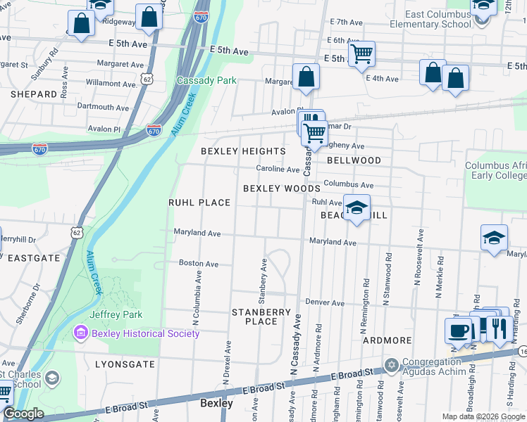 map of restaurants, bars, coffee shops, grocery stores, and more near 386 Northview Drive in Columbus