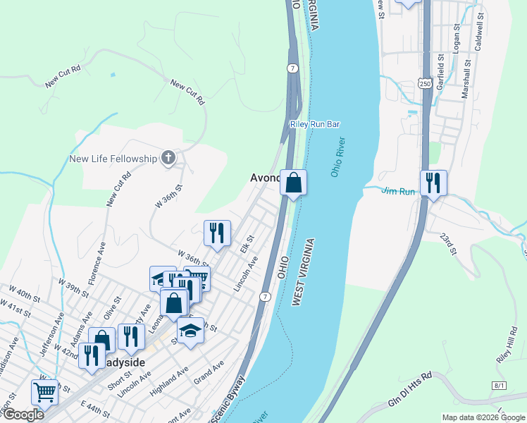 map of restaurants, bars, coffee shops, grocery stores, and more near 20 East 34th Street in Shadyside