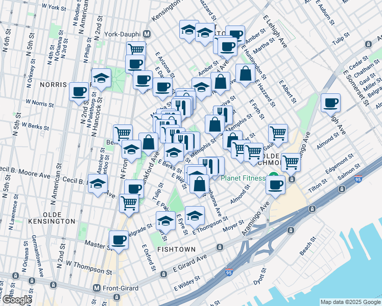 map of restaurants, bars, coffee shops, grocery stores, and more near 2324 East Susquehanna Avenue in Philadelphia