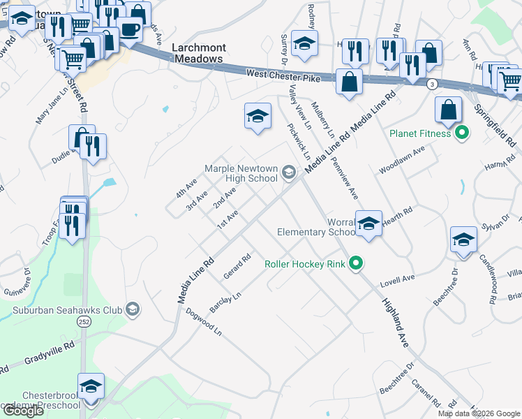 map of restaurants, bars, coffee shops, grocery stores, and more near 204 Media Line Road in Newtown Square