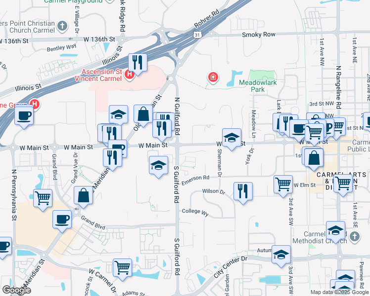 map of restaurants, bars, coffee shops, grocery stores, and more near 780 Wilson Terrace Court in Carmel