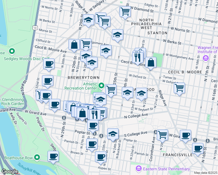 map of restaurants, bars, coffee shops, grocery stores, and more near 2523 Stewart St in Philadelphia