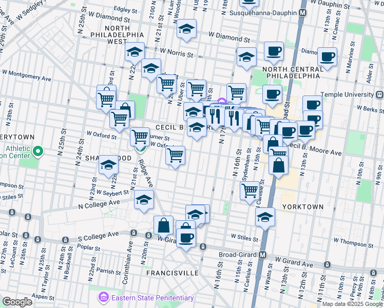 map of restaurants, bars, coffee shops, grocery stores, and more near 1541 North Gratz Street in Philadelphia