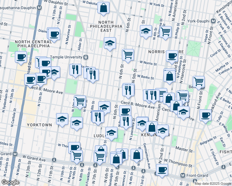 map of restaurants, bars, coffee shops, grocery stores, and more near 1726 North 6th Street in Philadelphia
