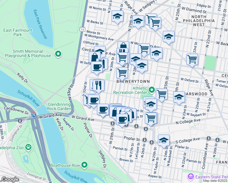map of restaurants, bars, coffee shops, grocery stores, and more near 1410 North Hollywood Street in Philadelphia