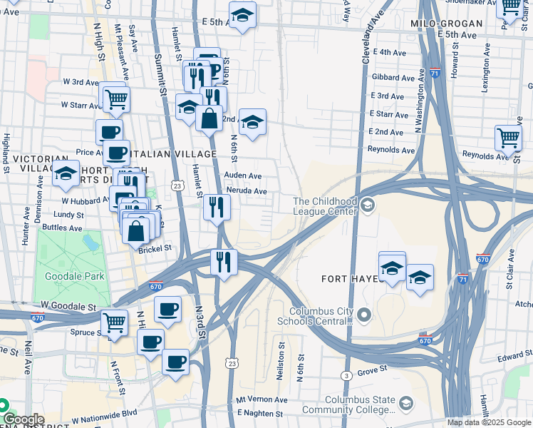 map of restaurants, bars, coffee shops, grocery stores, and more near 711 Civitas Avenue in Columbus