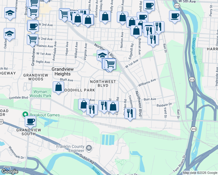 map of restaurants, bars, coffee shops, grocery stores, and more near 935 Thomas Road in Grandview Heights
