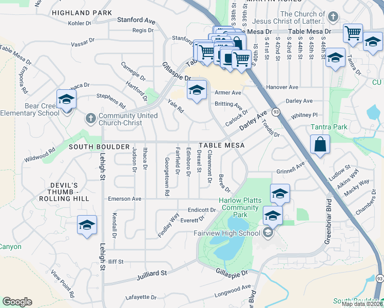 map of restaurants, bars, coffee shops, grocery stores, and more near 1160 Drexel Street in Boulder