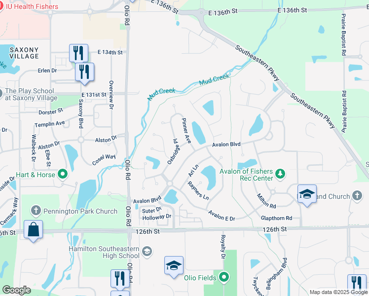map of restaurants, bars, coffee shops, grocery stores, and more near 13987 London Road in Fishers