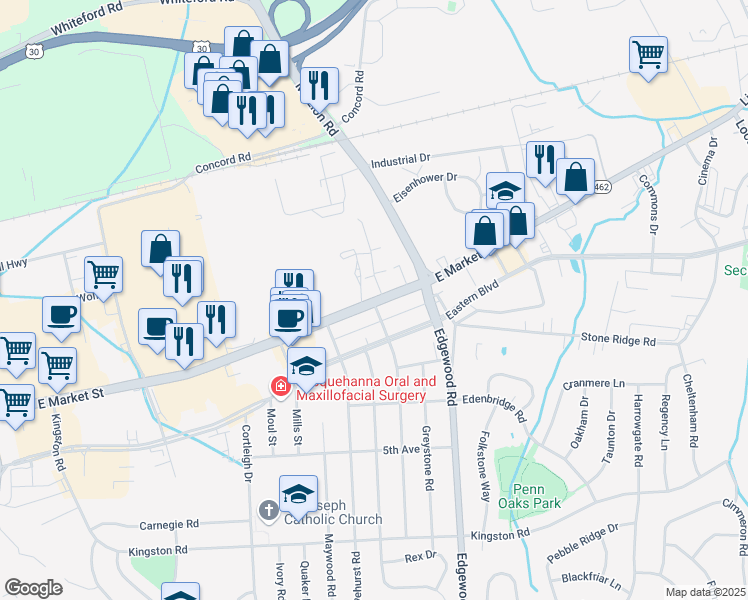 map of restaurants, bars, coffee shops, grocery stores, and more near 3201 East Market Street in York