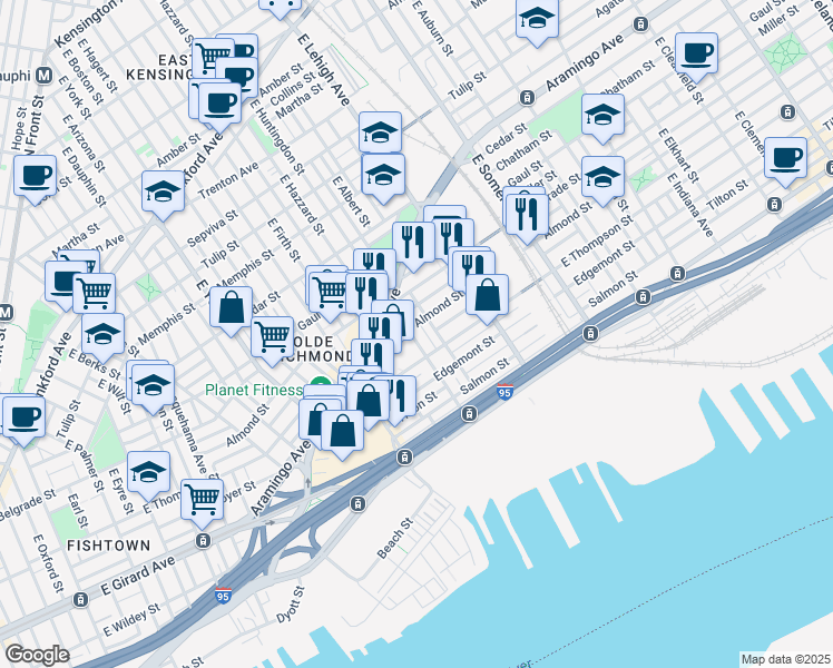 map of restaurants, bars, coffee shops, grocery stores, and more near 2609 East Huntingdon Street in Philadelphia