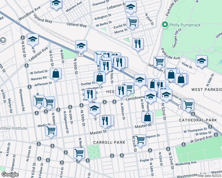 map of restaurants, bars, coffee shops, grocery stores, and more near 5607 Stewart Street in Philadelphia