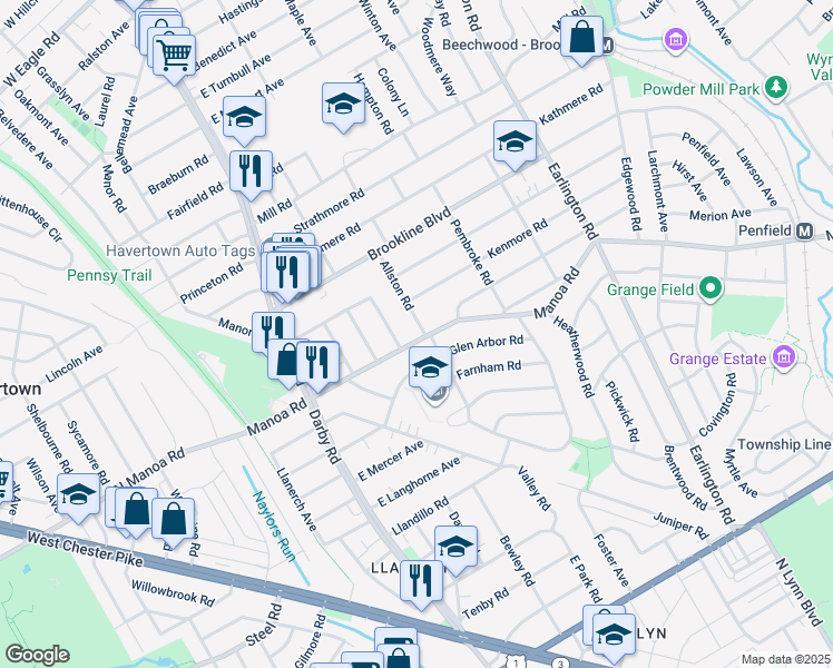 map of restaurants, bars, coffee shops, grocery stores, and more near 1000 Allston Road in Havertown