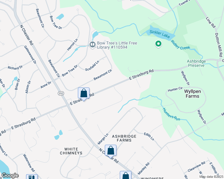 map of restaurants, bars, coffee shops, grocery stores, and more near 1636 East Strasburg Road in West Chester