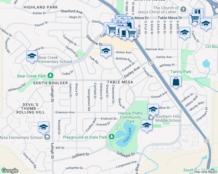 map of restaurants, bars, coffee shops, grocery stores, and more near 1160 Drexel Street in Boulder
