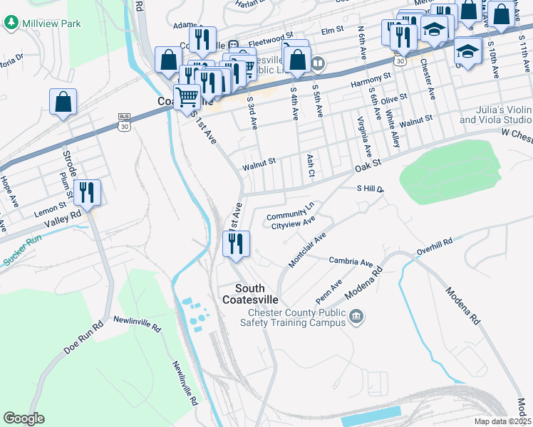 map of restaurants, bars, coffee shops, grocery stores, and more near 313 Community Lane in Coatesville