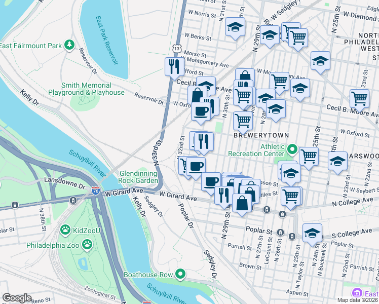 map of restaurants, bars, coffee shops, grocery stores, and more near in Philadelphia