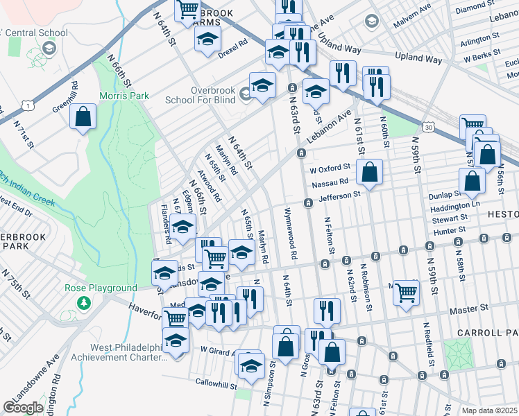 map of restaurants, bars, coffee shops, grocery stores, and more near 1003 Marlyn Road in Philadelphia