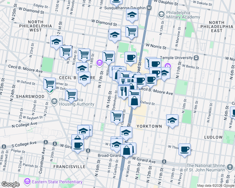map of restaurants, bars, coffee shops, grocery stores, and more near 1611 North Sydenham Street in Philadelphia