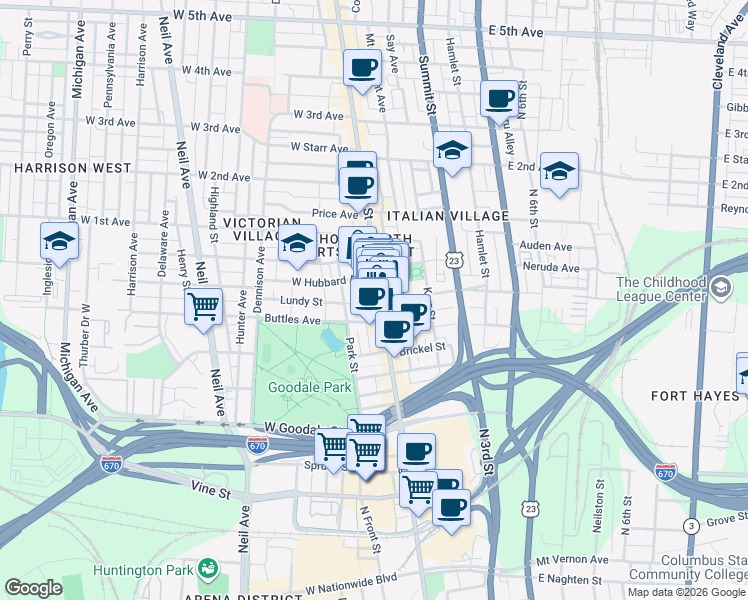map of restaurants, bars, coffee shops, grocery stores, and more near 765 North High Street in Columbus