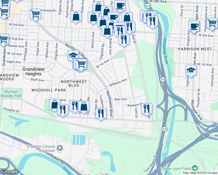 map of restaurants, bars, coffee shops, grocery stores, and more near 912 Northwest Boulevard in Grandview Heights