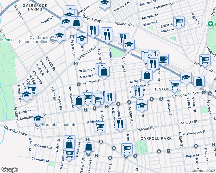 map of restaurants, bars, coffee shops, grocery stores, and more near 1730 North Edgewood Street in Philadelphia