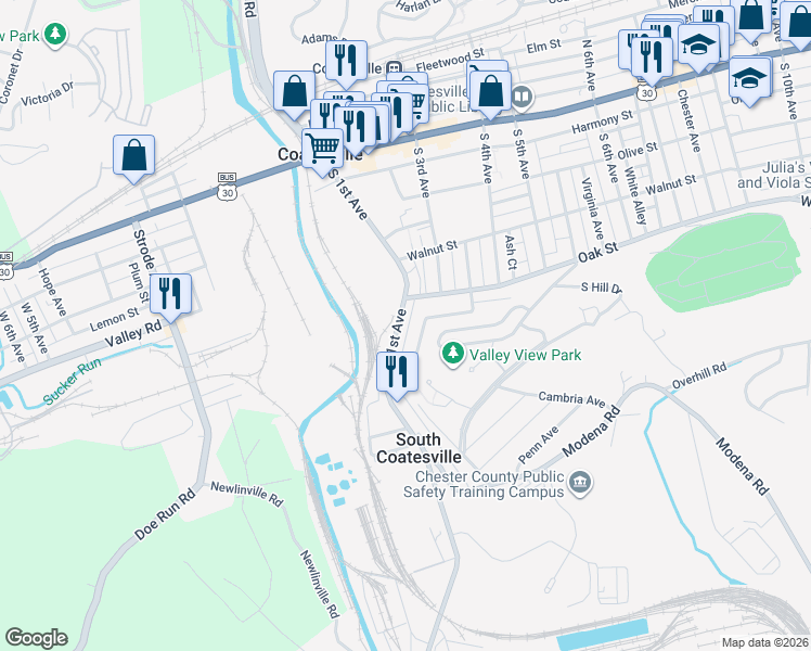 map of restaurants, bars, coffee shops, grocery stores, and more near 331 South 1st Avenue in Coatesville
