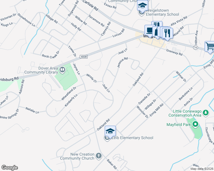 map of restaurants, bars, coffee shops, grocery stores, and more near 3092 Jodi Lane in Dover
