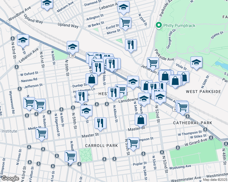 map of restaurants, bars, coffee shops, grocery stores, and more near 1643 North Allison Street in Philadelphia