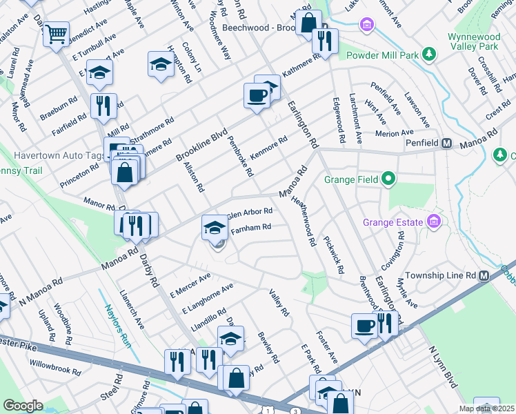 map of restaurants, bars, coffee shops, grocery stores, and more near 222 Glen Arbor Road in Havertown