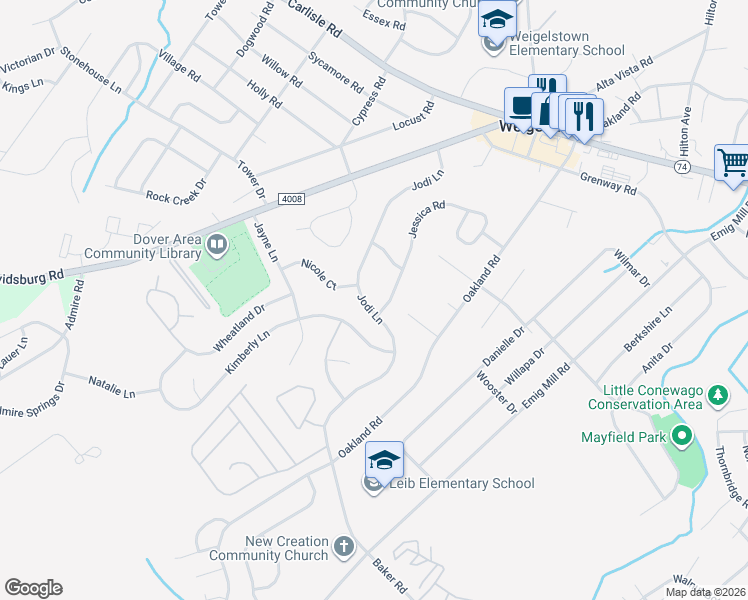 map of restaurants, bars, coffee shops, grocery stores, and more near 3092 Jodi Lane in Dover