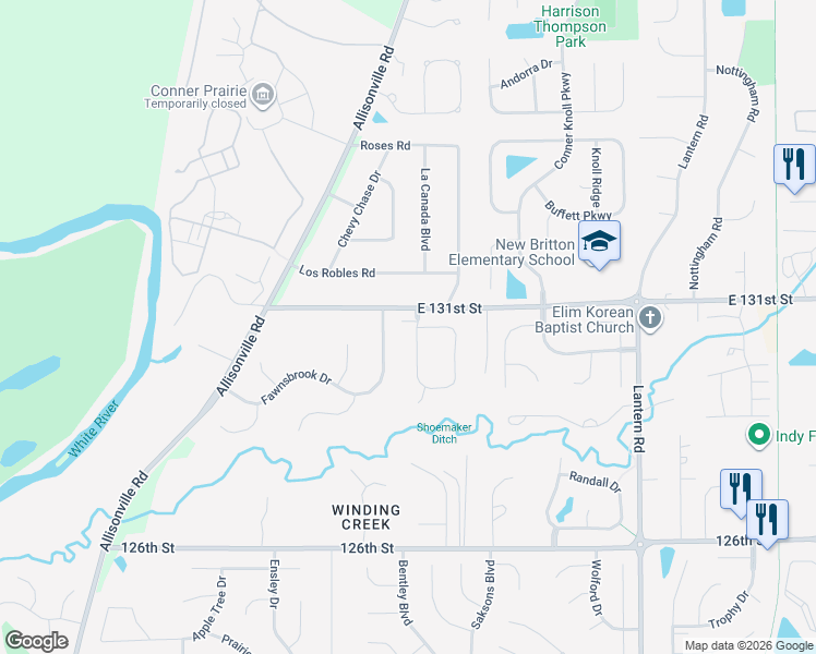 map of restaurants, bars, coffee shops, grocery stores, and more near 13077 Fawnsbrook Drive in Fishers
