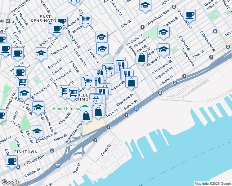 map of restaurants, bars, coffee shops, grocery stores, and more near 2622 East Albert Street in Philadelphia