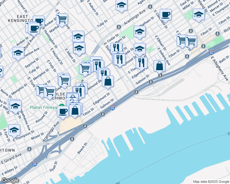 map of restaurants, bars, coffee shops, grocery stores, and more near 2705 East Lehigh Avenue in Philadelphia