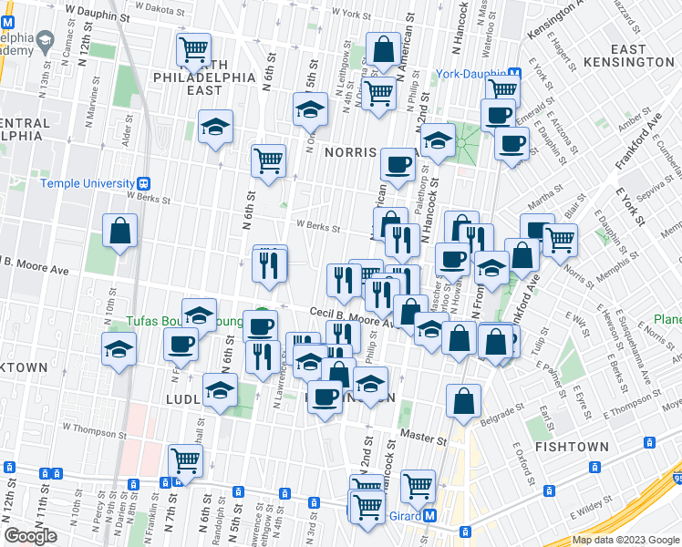 map of restaurants, bars, coffee shops, grocery stores, and more near N 3rd St & W Montgomery Ave in Philadelphia
