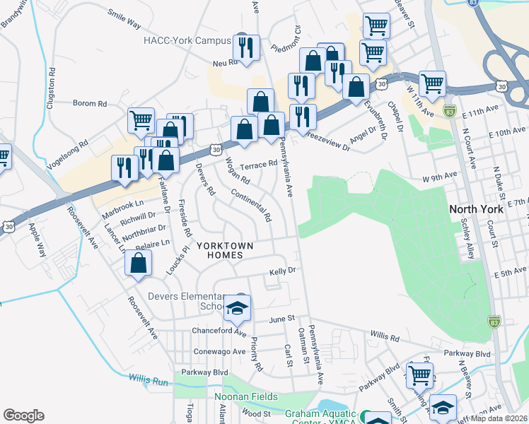 map of restaurants, bars, coffee shops, grocery stores, and more near 1224 Continental Rd in York