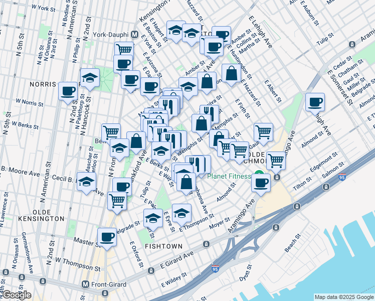 map of restaurants, bars, coffee shops, grocery stores, and more near 2213 Memphis Street in Philadelphia