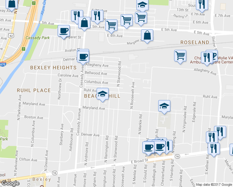map of restaurants, bars, coffee shops, grocery stores, and more near 345 North Stanwood Road in Columbus