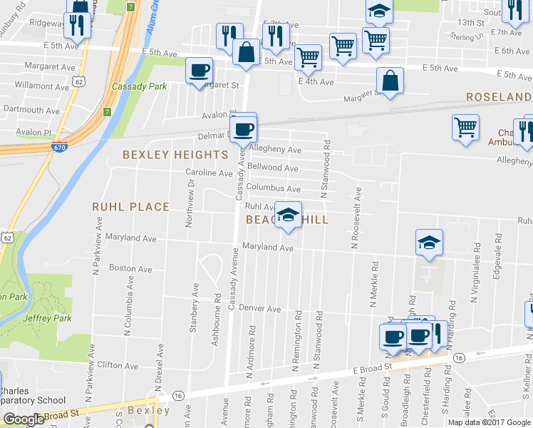 map of restaurants, bars, coffee shops, grocery stores, and more near 364 North Ardmore Road in Columbus