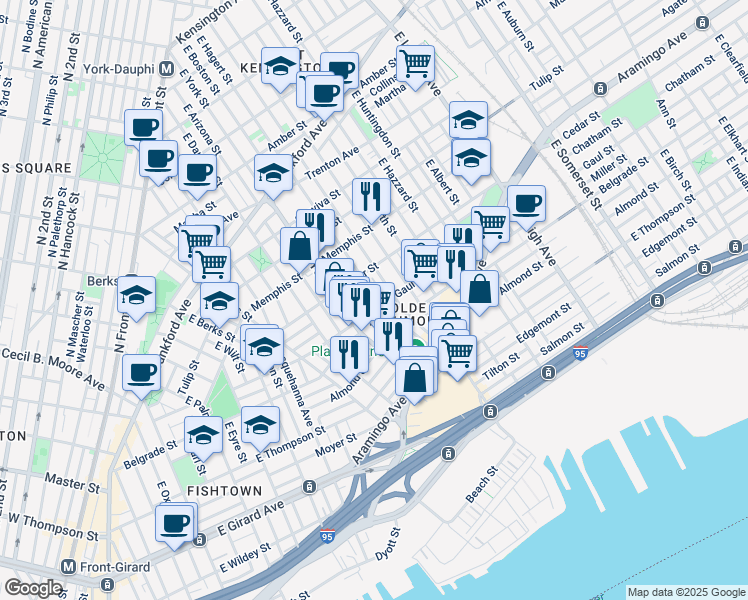 map of restaurants, bars, coffee shops, grocery stores, and more near 2438 East Hagert Street in Philadelphia