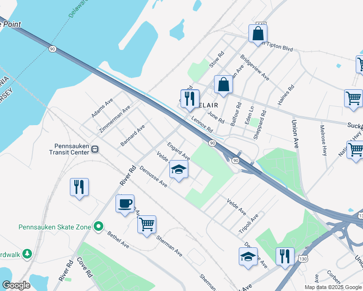 map of restaurants, bars, coffee shops, grocery stores, and more near 7615 Holman Avenue in Pennsauken Township