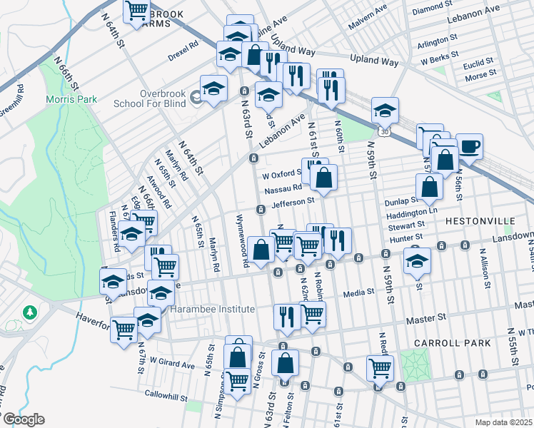 map of restaurants, bars, coffee shops, grocery stores, and more near 845 North 63rd Street in Philadelphia