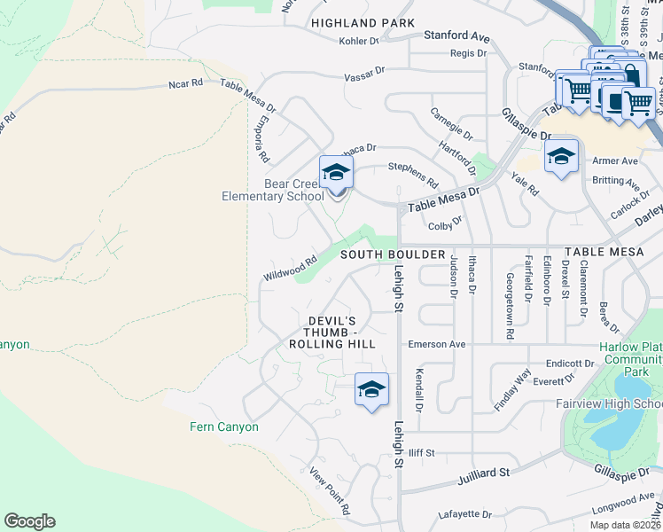 map of restaurants, bars, coffee shops, grocery stores, and more near 1285 Bear Mountain Drive in Boulder