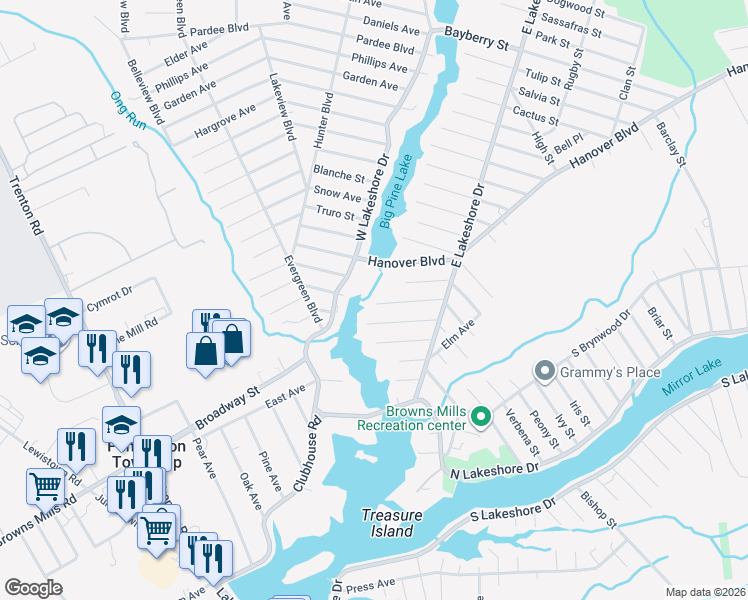 map of restaurants, bars, coffee shops, grocery stores, and more near 384 Woodbine Street in Browns Mills