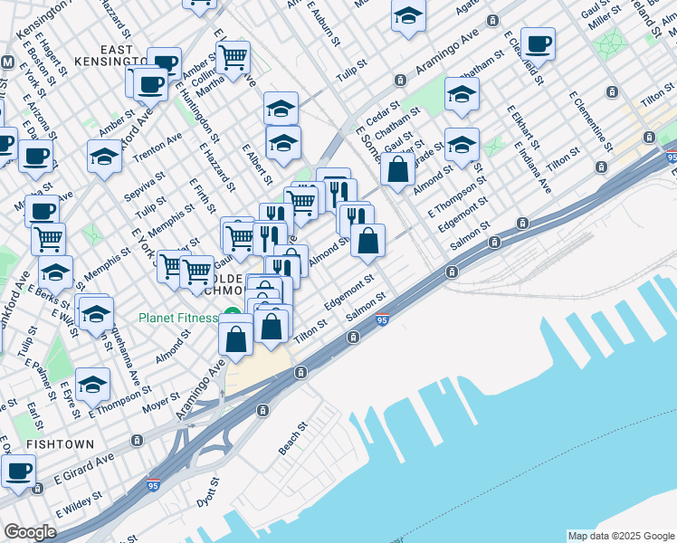 map of restaurants, bars, coffee shops, grocery stores, and more near 2632 East Thompson Street in Philadelphia