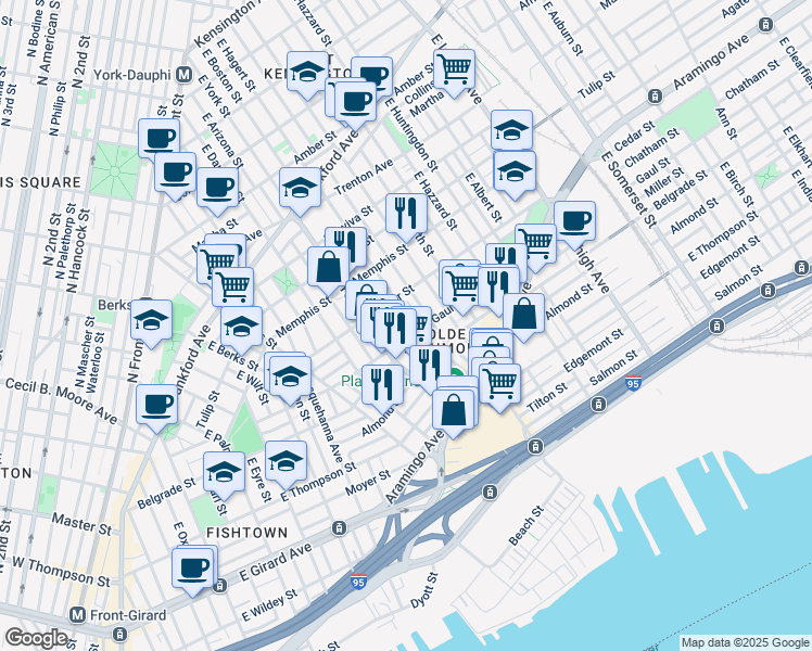 map of restaurants, bars, coffee shops, grocery stores, and more near 2438 East Hagert Street in Philadelphia