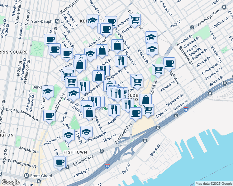 map of restaurants, bars, coffee shops, grocery stores, and more near 2405 East York Street in Philadelphia