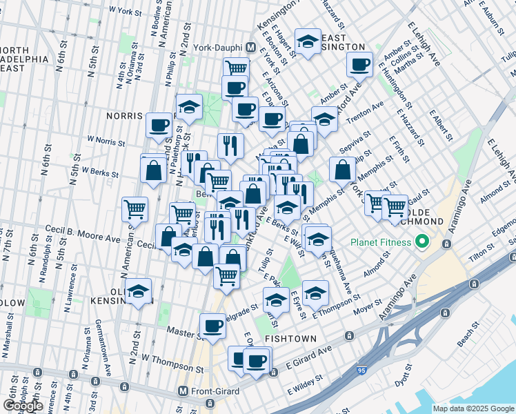 map of restaurants, bars, coffee shops, grocery stores, and more near 1800-56 Blair Street in Philadelphia