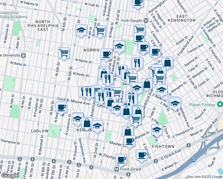 map of restaurants, bars, coffee shops, grocery stores, and more near 1821 North Hancock Street in Philadelphia